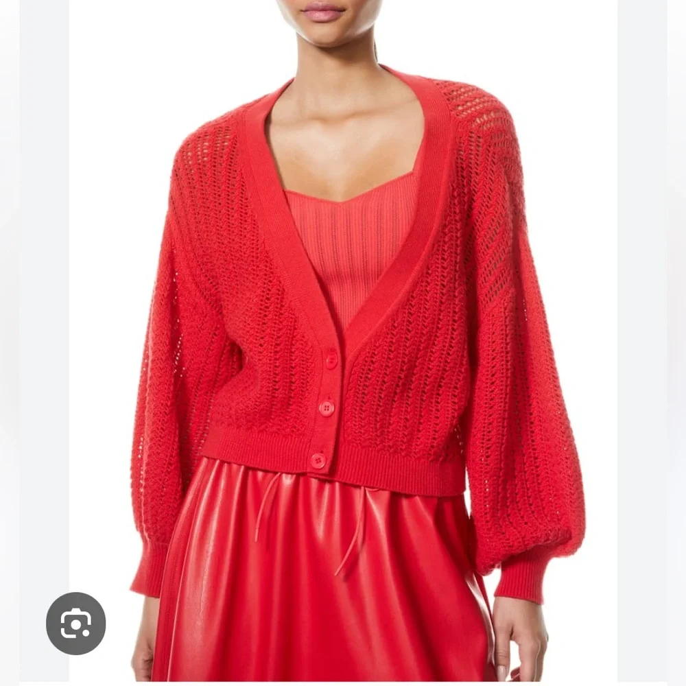 Alice + Olivia Windsor Deep V Slouchy Cable Knit Cardigan in Bright Poppy (red) - Picture 10 of 15